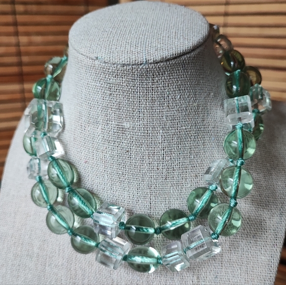 Glass Clear Green Ice Cube Square and Oval  Acrylic Long Bead Necklace Tal… - Picture 2 of 10